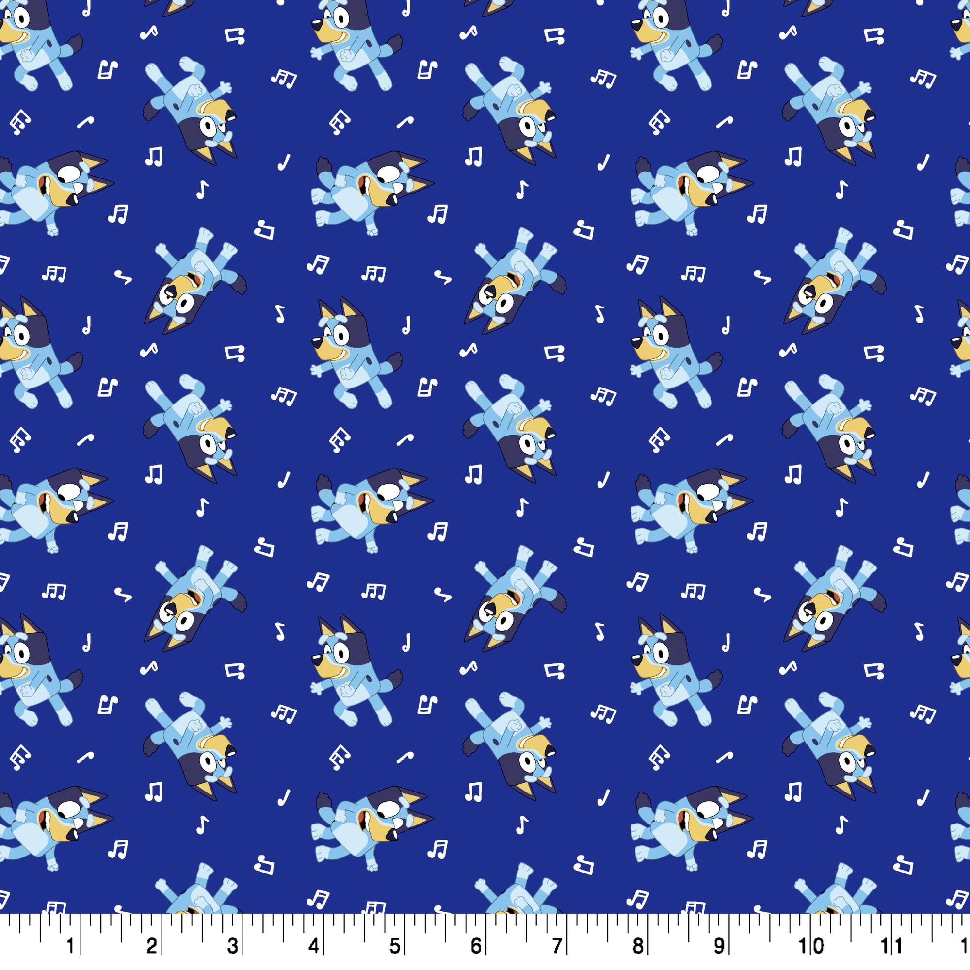 Bluey with Music Notes on Dark Blue Cotton Fabric